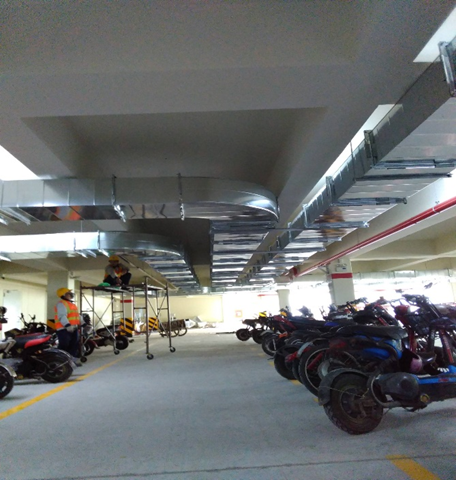 Thi công lắp đặt tuyến ống gió thông gió tầng hầm tòa nhà Sunshine Garden